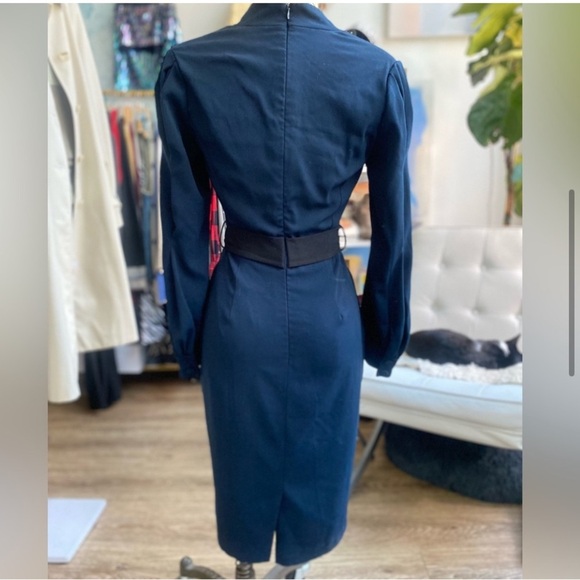 BADGLEY MISCHKA Navy Belted V-Neck Puff Sleeve Sheath Dress Size 2 - Picture 7 of 14